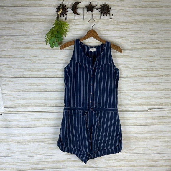 Sandy and Sid Blue Pinstriped Cotton Faux Drawstring button down Romper - Picture 1 of 6